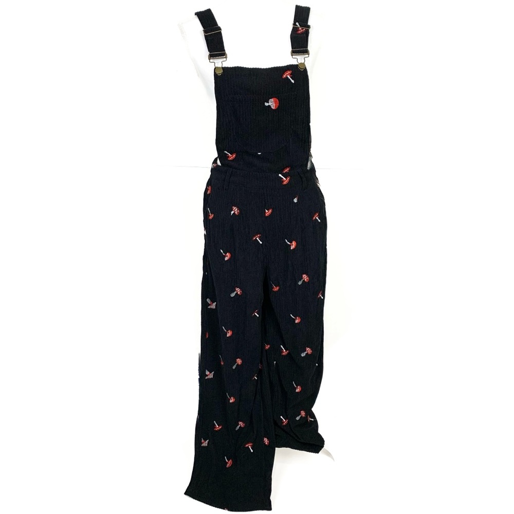 Cider Black Corduroy Floral Embroidered Overalls Jumpsuit